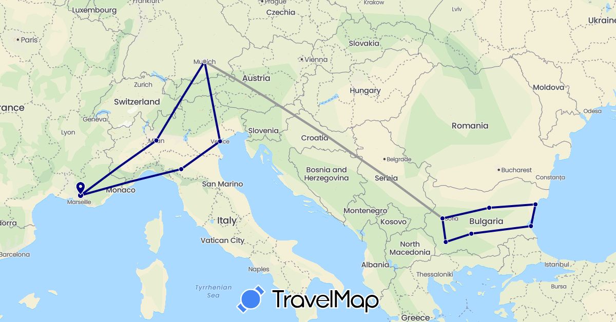 TravelMap itinerary: driving, plane in Bulgaria, Germany, France, Italy (Europe)